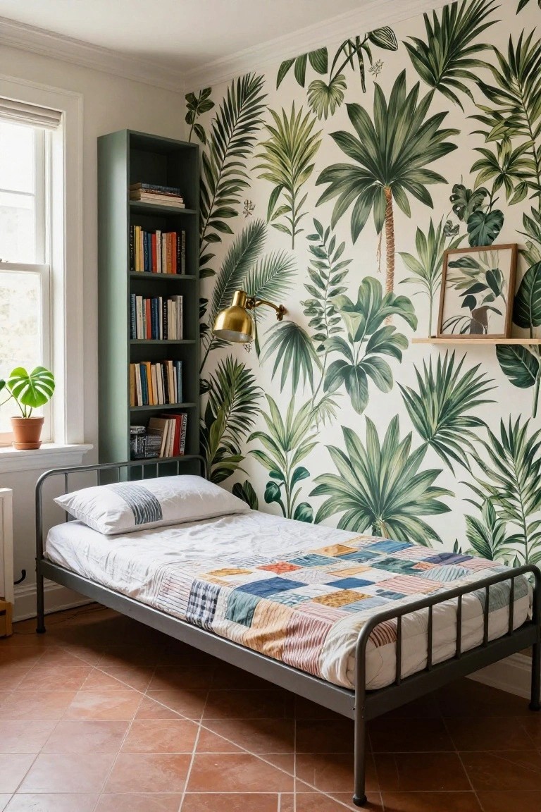 Small bedroom with lush green palm leaf wallpaper on walls, green bookshelf with books, metal single bed with white sheets and patchwork quilt, potted monstera plant by window, brass wall lamp, on terracotta tile floor.