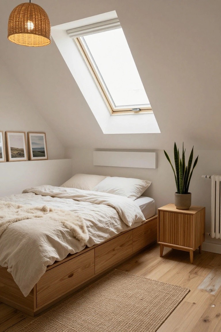 Attic bedroom with sloped white ceiling and skylight, wooden platform bed with storage drawers and light linens, rattan nightstand holding a snake plant, beige rug on oak floor.