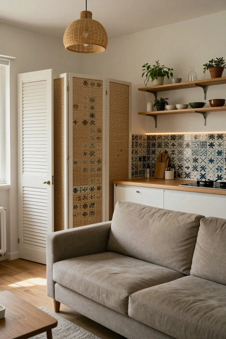 Small interior with gray fabric sofa on wooden floor, low wooden coffee table, folding rattan screen divider with star motifs next to white louvered doors, white kitchen cabinets, blue tiled backsplash, wooden shelves with plants and bowls, and woven pendant lamp overhead.