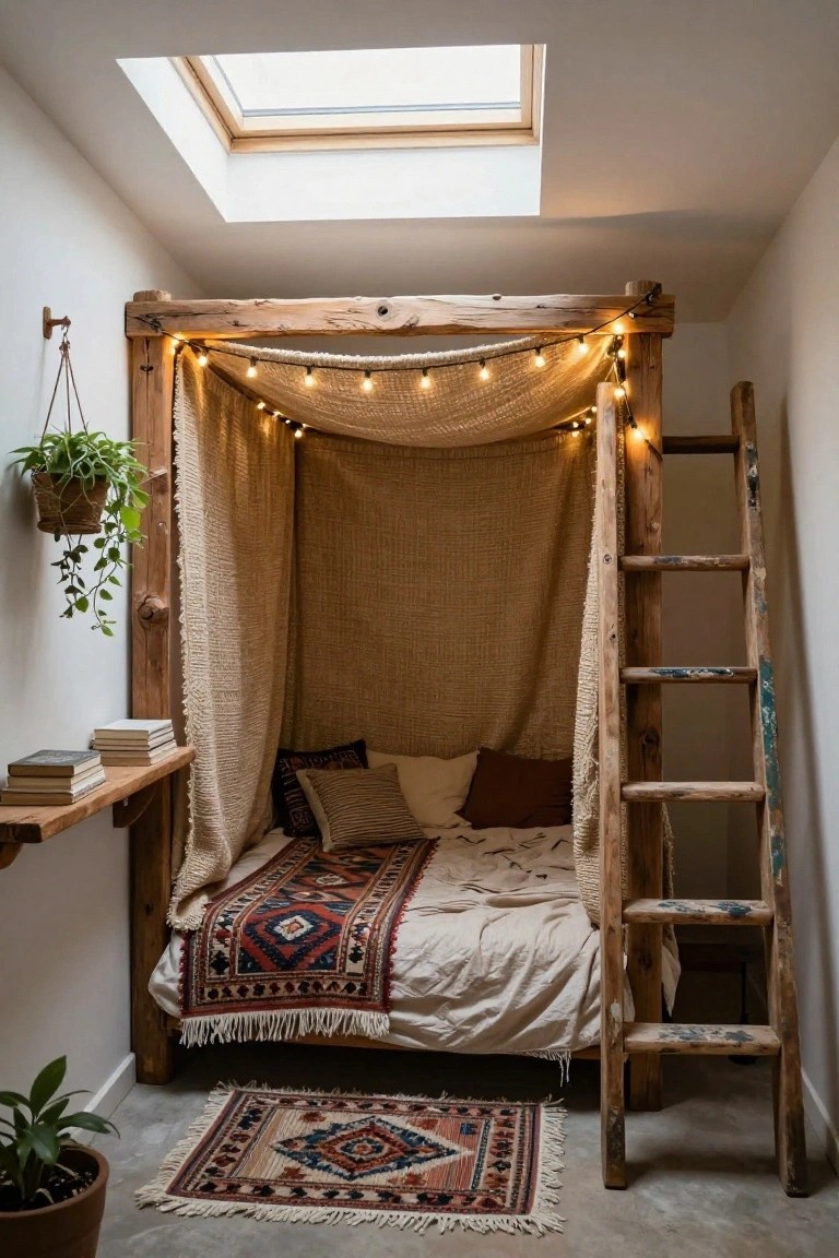 Small bedroom interior with elevated wooden bed frame draped in beige fabric, string lights, ladder access, hanging plants, books on shelf, patterned rugs, and skylight overhead on white walls and concrete floor.