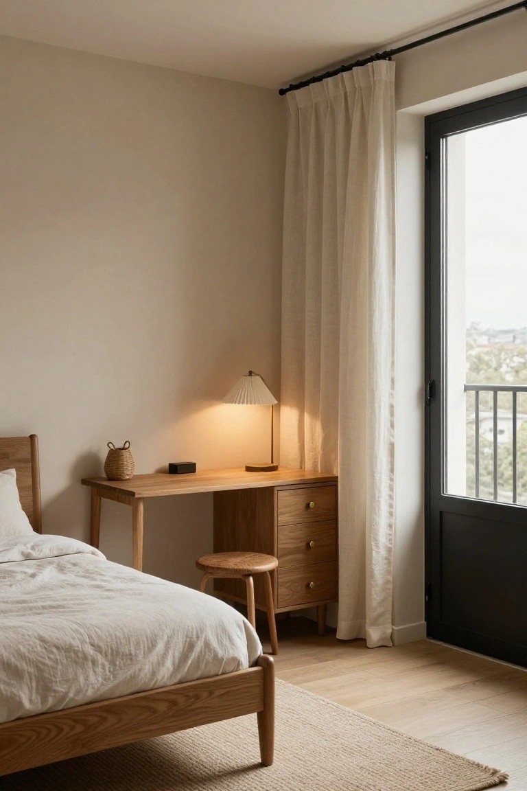 Small bedroom with light wooden bed frame and white linens, slim wooden desk with lamp and drawers, woven stool, beige basket, sheer white curtains on black-framed glass balcony door, light wood floor, and beige rug.