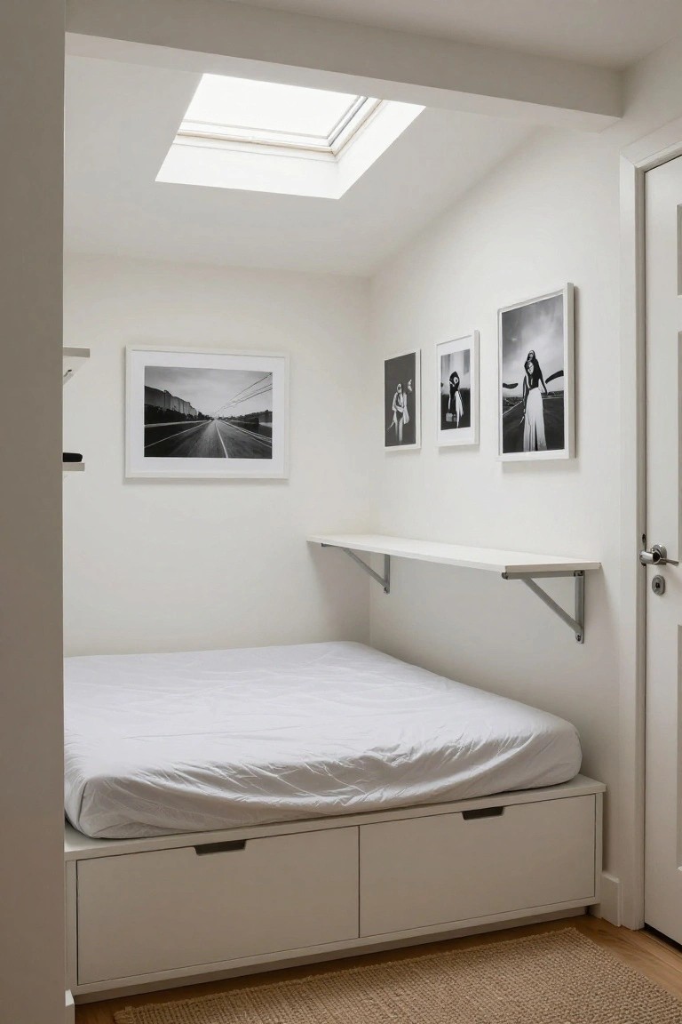 A compact white bedroom with a low platform bed featuring two under-bed drawers, white walls, black-and-white framed photos, a floating shelf with brackets, and a skylight in the sloped ceiling.