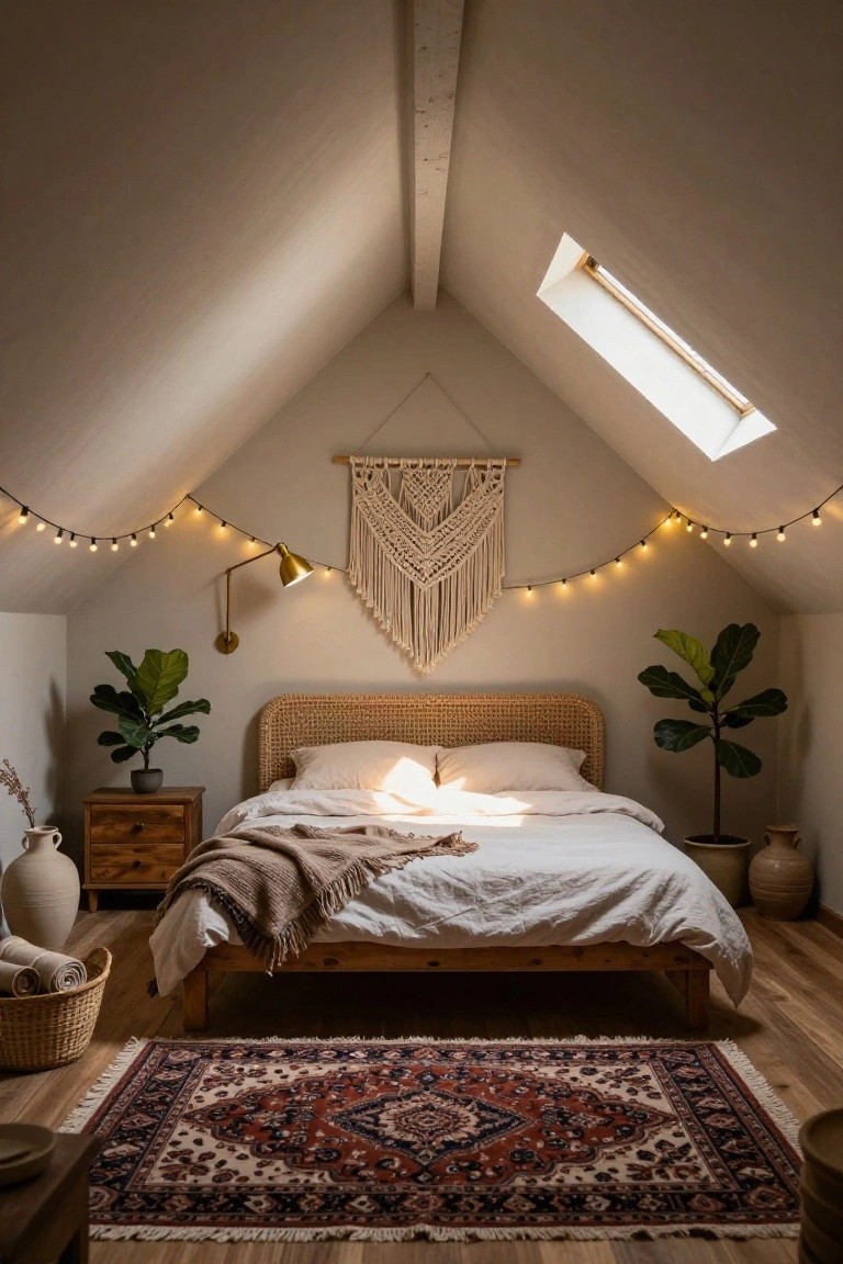 Attic bedroom with sloped beige ceilings, skylight, white string lights along walls, large macrame wall hanging, rattan headboard on wooden bed with white sheets and tan throw, potted fiddle leaf fig plants, wooden nightstand, Persian rug on wood floors.