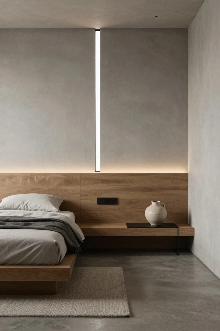 Modern bedroom interior with low oak platform bed, gray bedding, vertical slim LED light strip on plaster wall, integrated wood headboard shelf with white vase, concrete floor, and beige rug.