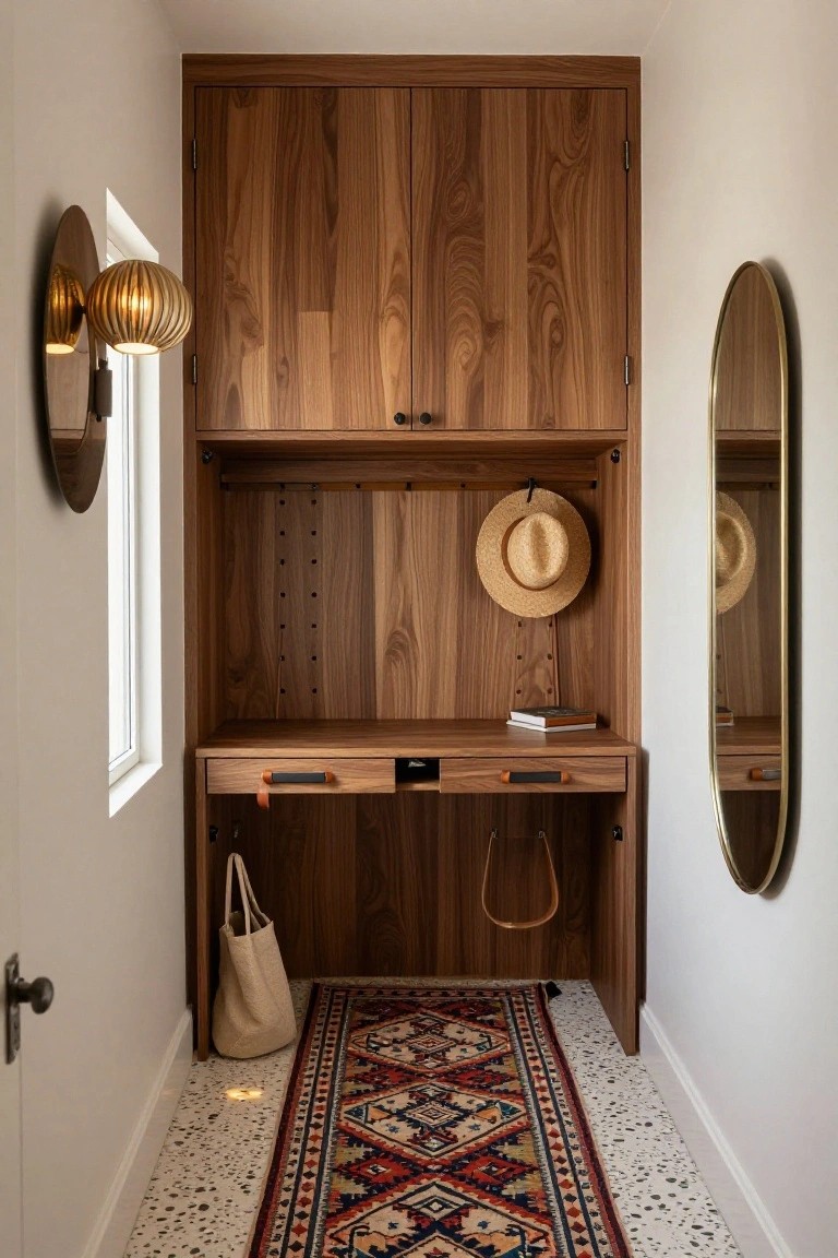 Narrow room with tall walnut wood cabinets featuring open shelving, hooks with straw hat and tote bag, integrated desk drawer, flanked by round mirrors and gourd-shaped lamp, patterned rug on terrazzo floor.