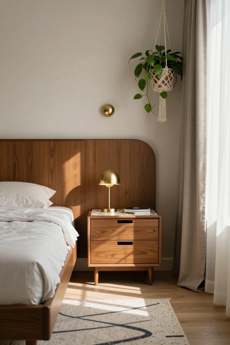 Small bedroom with curved wooden headboard, matching wooden nightstand holding gold lamp and book, white bedding on low bed frame, hanging plant, beige curtains, and hardwood floor.