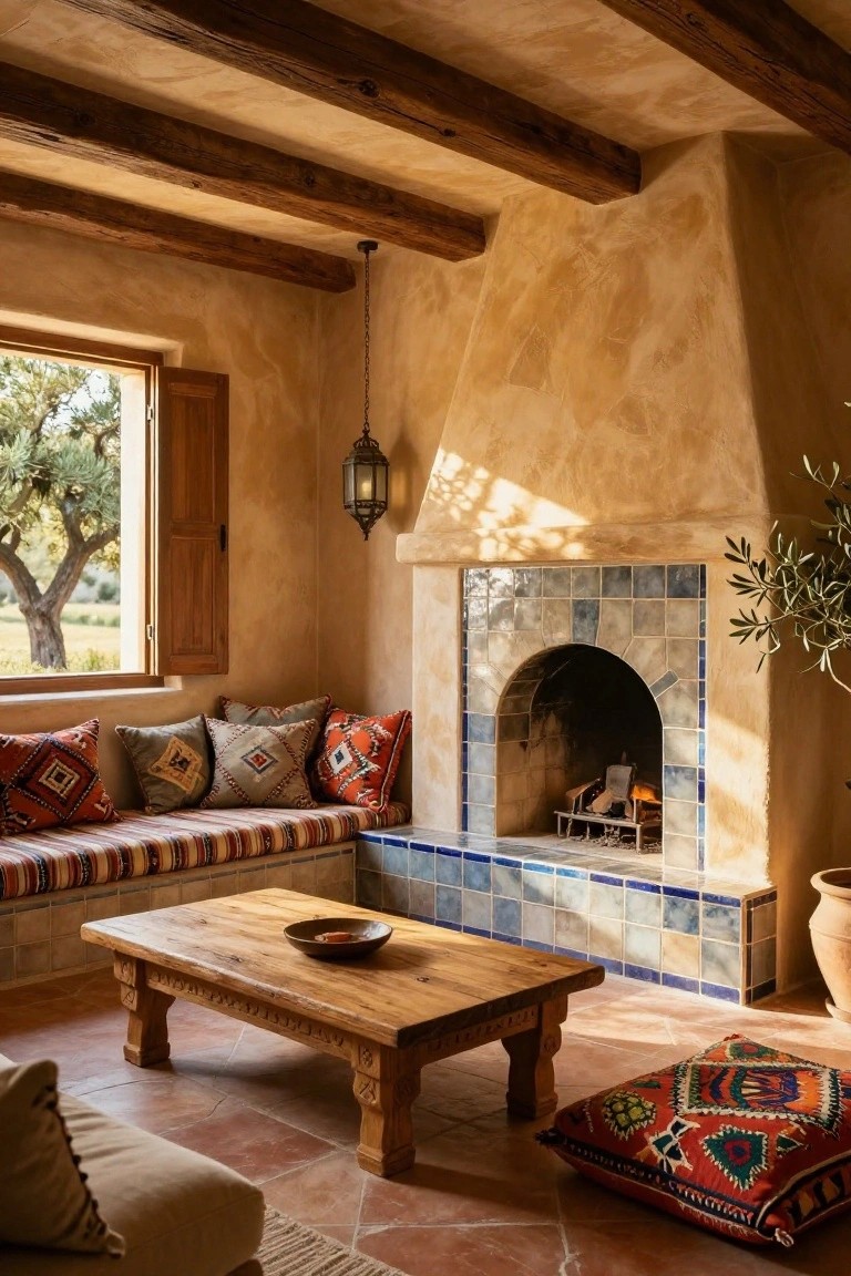 Interior of a living room with vaulted ceiling and exposed wooden beams, built-in bench seating with colorful cushions around a blue-tiled arched fireplace, wooden low table, terracotta floor tiles, and a window showing olive trees outside.