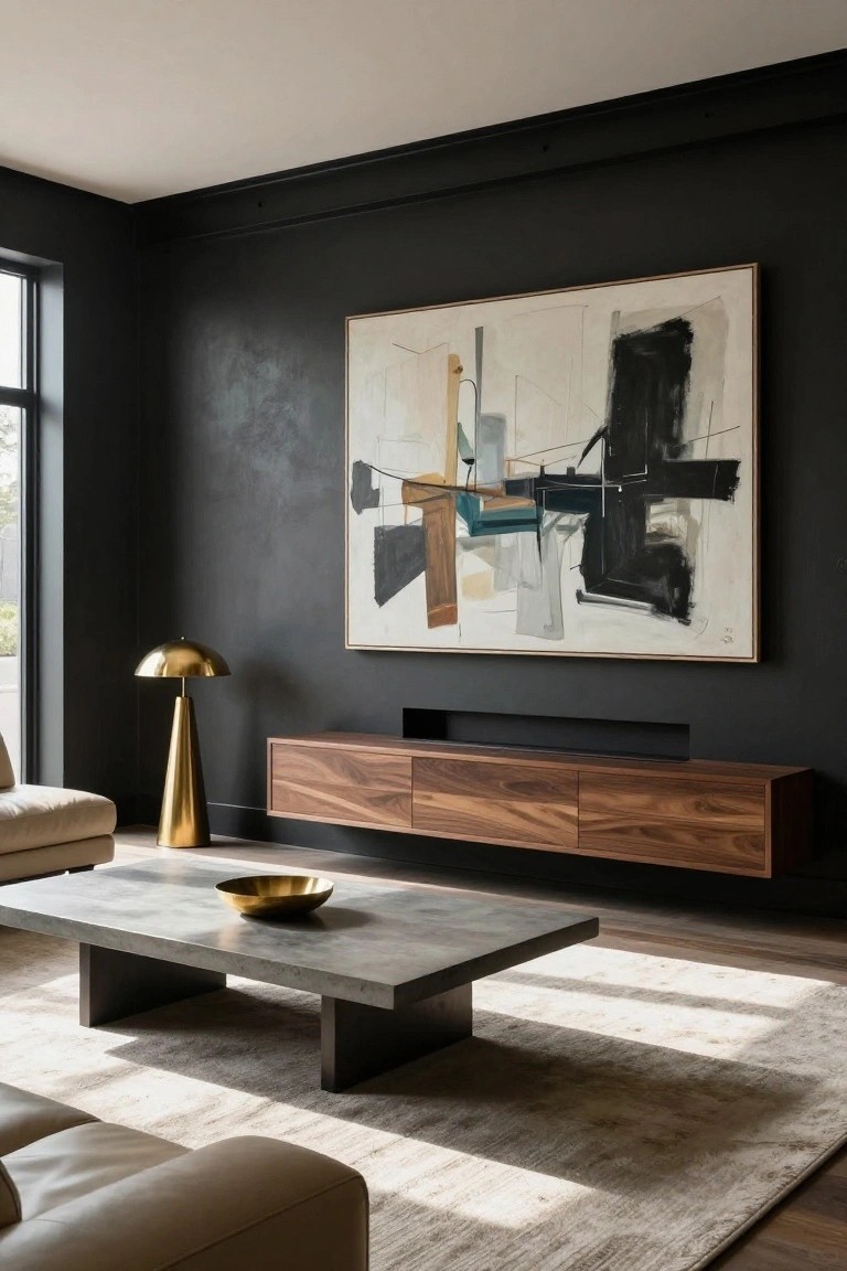 Modern living room with dark textured walls, large white abstract painting above floating walnut media console and TV, tall gold floor lamp, beige sofa, rectangular concrete coffee table holding gold bowl, and light rug by window.
