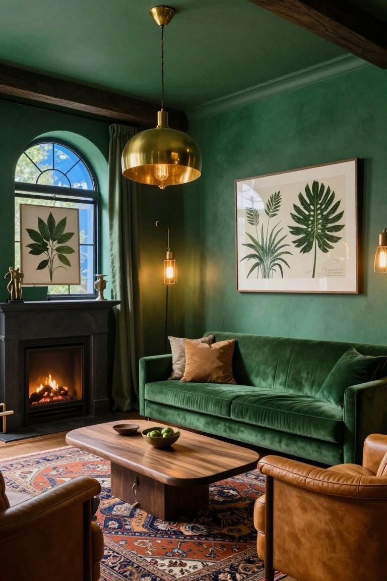 Living room with deep emerald green textured walls and ceiling beams, green velvet L-shaped sofa, wooden coffee table with fruit bowl, tan leather armchairs, black fireplace with fire lit, botanical prints, and brass lighting.