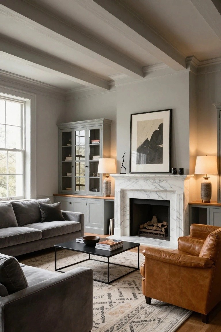 Living room with exposed wooden beams on the ceiling, gray walls, marble fireplace, gray velvet L-shaped sofa, orange leather armchair, black metal coffee table, and glazed gray cabinetry next to tall windows.