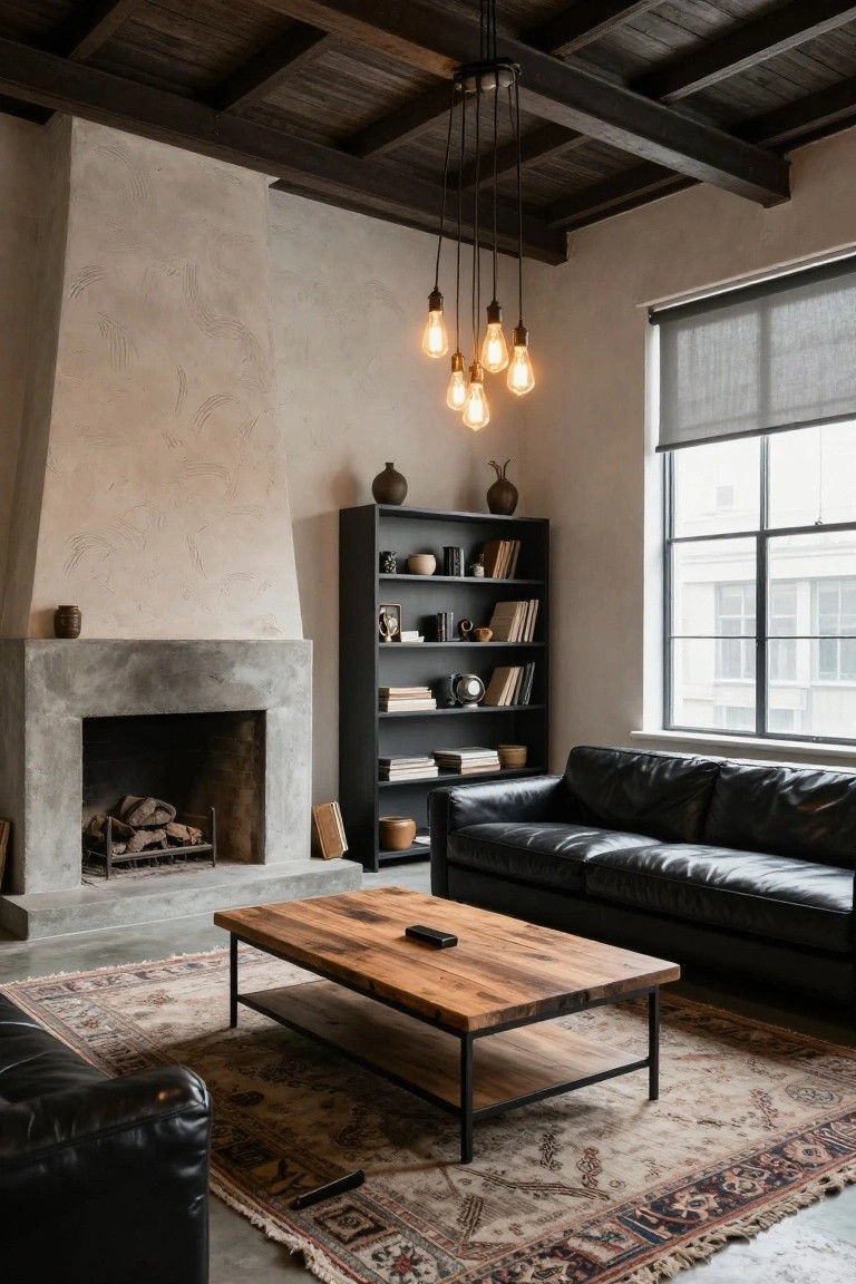 A living room with exposed dark wooden beam ceiling, textured beige walls, concrete fireplace with firewood, black bookshelves filled with books and ceramics, black leather sofa, wooden coffee table on a patterned rug, and pendant lights over a window with roller shade.
