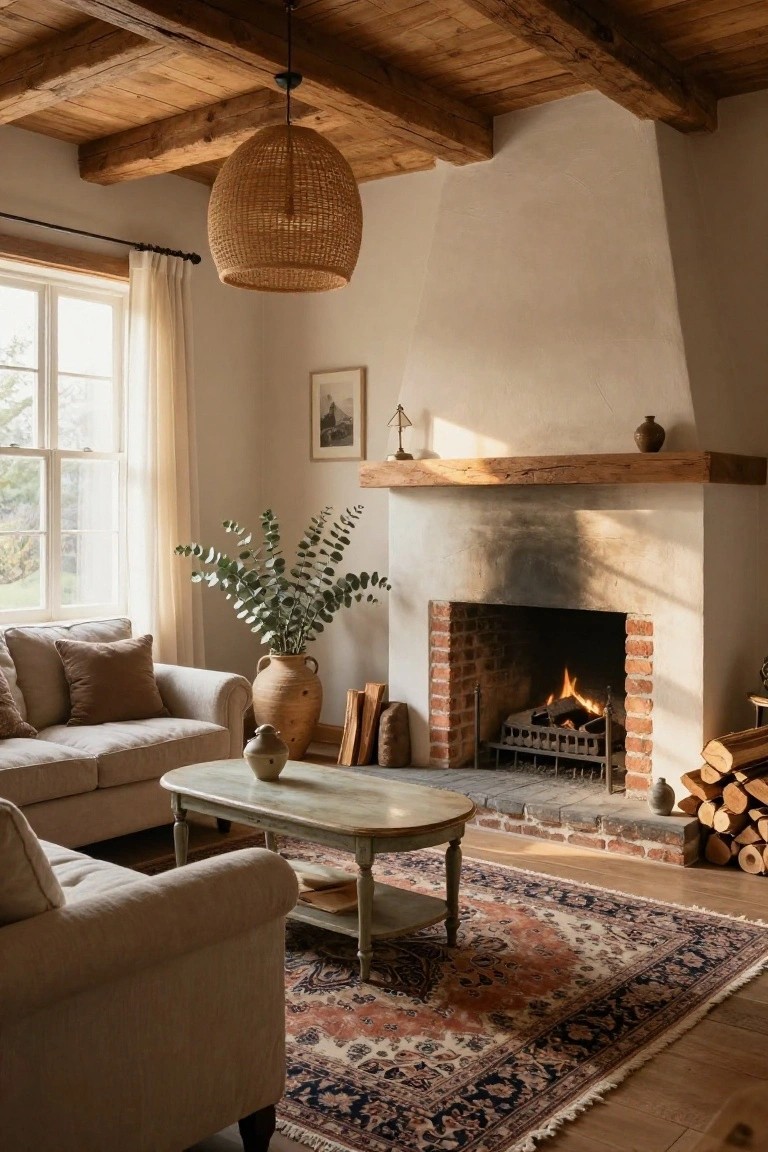 Cozy living room with vaulted ceiling of exposed wooden beams, white plaster walls, brick fireplace with fire, beige sofa, oval coffee table, Persian rug, and potted eucalyptus plant.