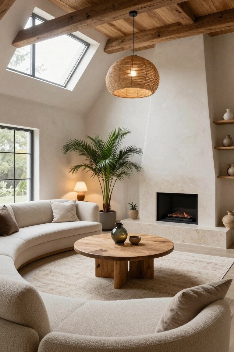 Living room with vaulted ceiling and exposed wooden beams, curved cream-colored sofa, round wooden coffee table with pottery, tall potted palm tree, built-in fireplace, and rattan pendant light.