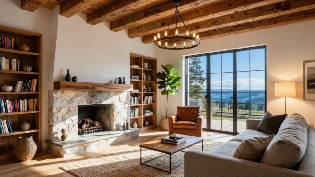 18 Cozy Vaulted Ceiling Living Room Designs You’ll Love Living room interior with vaulted white ceiling crossed by dark exposed wooden beams, black metal chandelier hanging from center, stone fireplace with wood mantel, built-in wooden bookshelves, gray linen sofa, tan leather armchair, potted plants, and large black-framed glass doors opening to green yard.