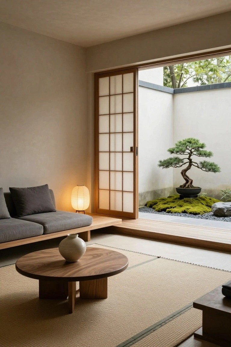 Minimalist Japanese-style living room with low gray sofa, round wooden coffee table holding a white vase, tatami mat flooring, paper lantern lamp, and open shoji doors to a small courtyard garden featuring a bonsai pine tree in black pot on moss with rocks and gravel.