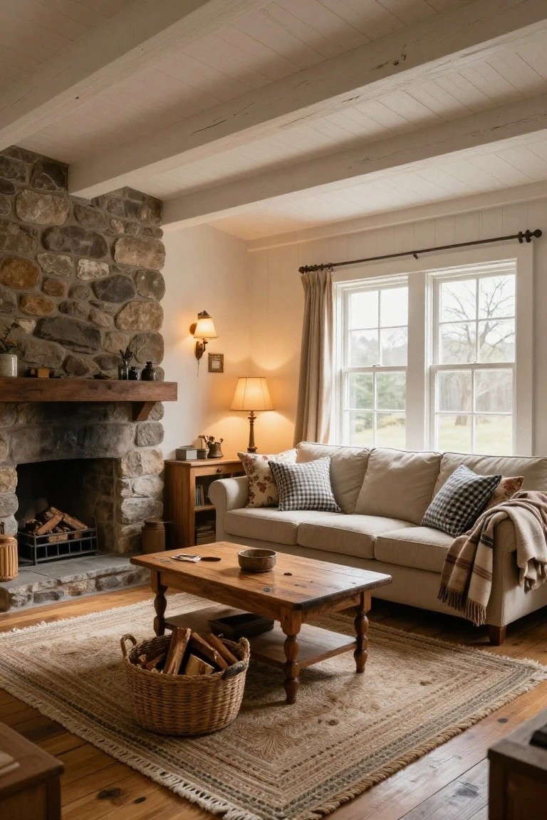 Cozy living room with vaulted white ceiling and exposed wooden beams, stone fireplace, beige sofa with pillows and throw, wooden coffee table, basket of firewood, large windows, wooden side table, and hardwood floors.