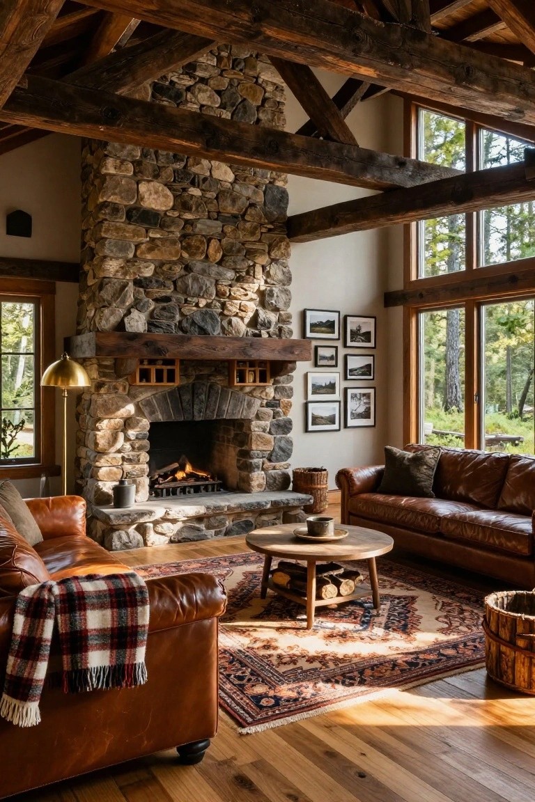 Living room interior with high vaulted ceilings of exposed wooden beams, a tall stone fireplace with gas logs burning, brown leather sofas on a patterned rug, wood side table, and large windows overlooking evergreen trees and landscape.