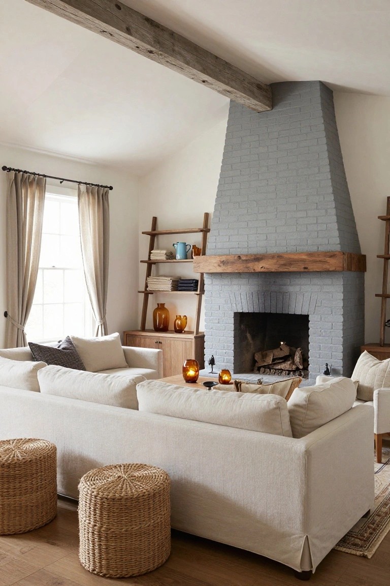 Living room with vaulted ceiling and exposed wooden beams, tall gray brick fireplace with wooden mantel, cream sofa, woven stools, ladder shelf with orange jars and textiles, beige curtains, wooden floors, and patterned rug.
