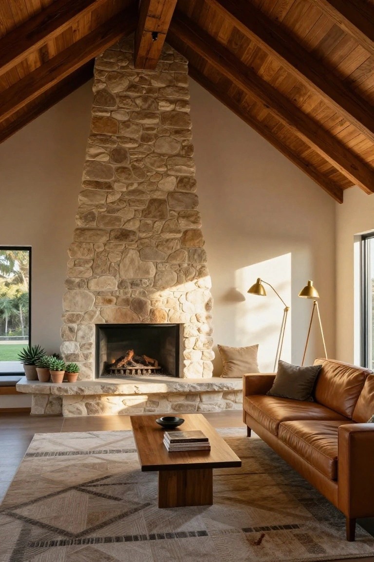Living room with high vaulted ceiling of exposed wooden beams, tall beige stone fireplace with gas logs burning, tan leather sofa, wooden coffee table with books, potted succulents, arched floor lamps, and large windows showing trees and lawn outside.