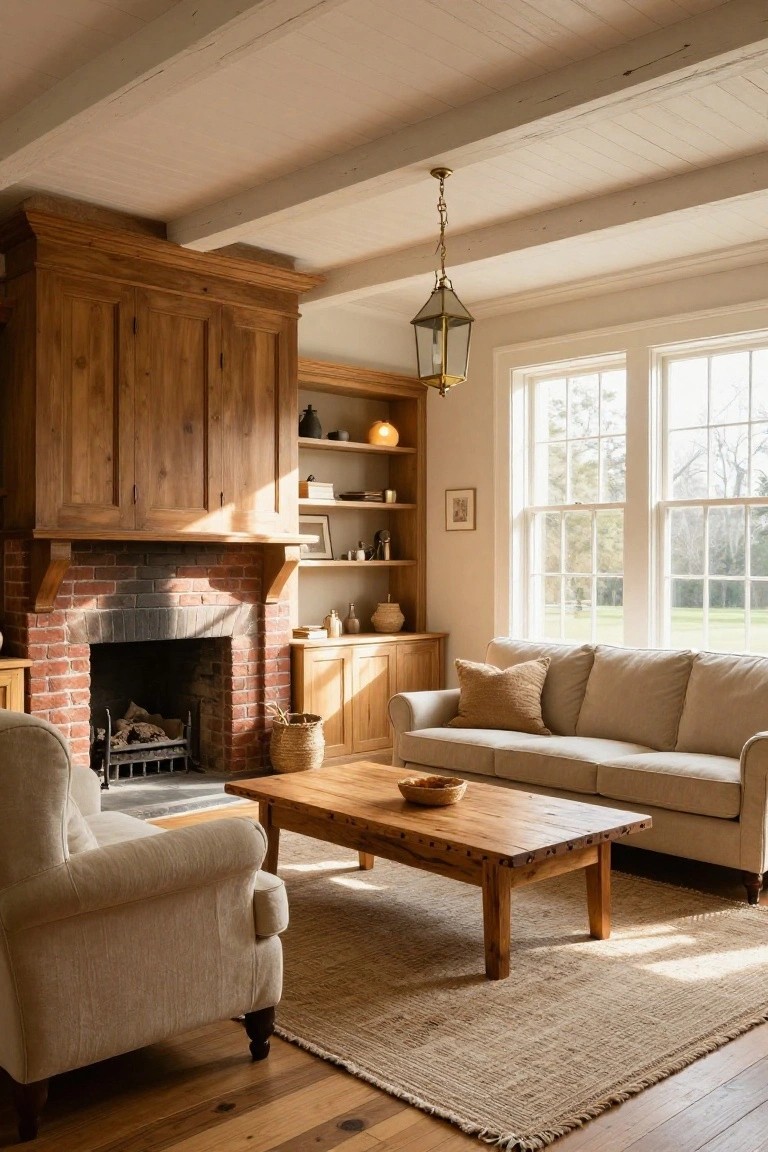 Living room with tall wooden cabinetry surrounding a brick fireplace and hearth, cream-colored sofa and armchair, wooden coffee table, seagrass rug, beamed white ceiling, and large windows overlooking a yard.