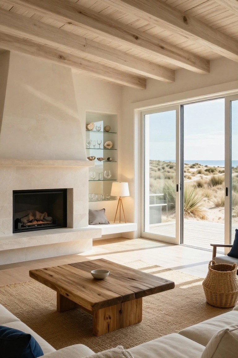 A living room with vaulted ceiling featuring exposed light wooden beams, a beige sofa, low wooden coffee table, stone fireplace, glass shelves with dishes, floor lamp, and sliding glass doors opening to a deck with dune grasses and ocean view.