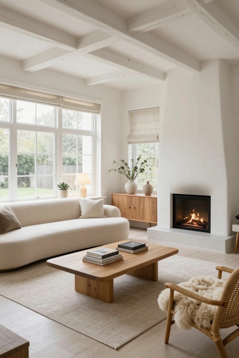 A bright living room with exposed white wooden beams on the vaulted ceiling, curved white sofa, low wooden coffee table with stacked books, built-in gas fireplace, wooden credenza with vases and plants, rattan armchair with sheepskin throw, beige rug, and large windows showing a garden view.