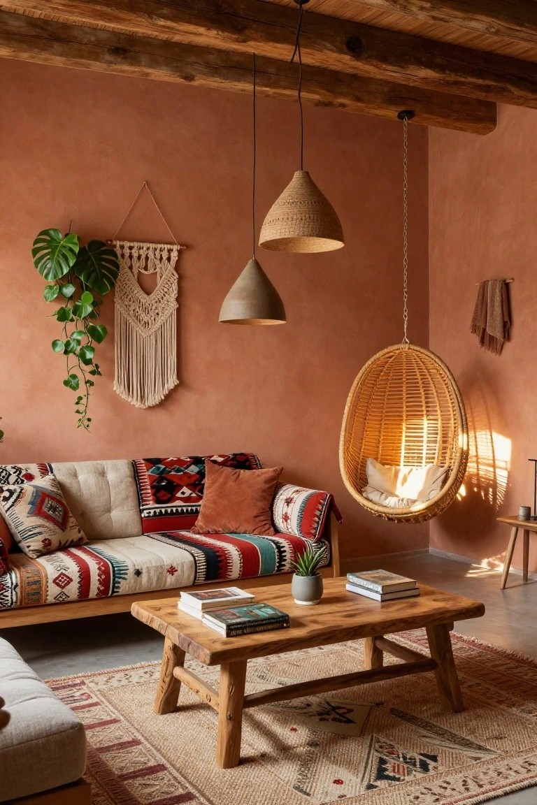 Living room with terracotta walls, exposed wooden beam ceiling, low wooden sofa covered in colorful patterned cushions and throws, rattan hanging chair, wooden coffee table with books and potted plant, macrame wall hanging, and monstera plant.