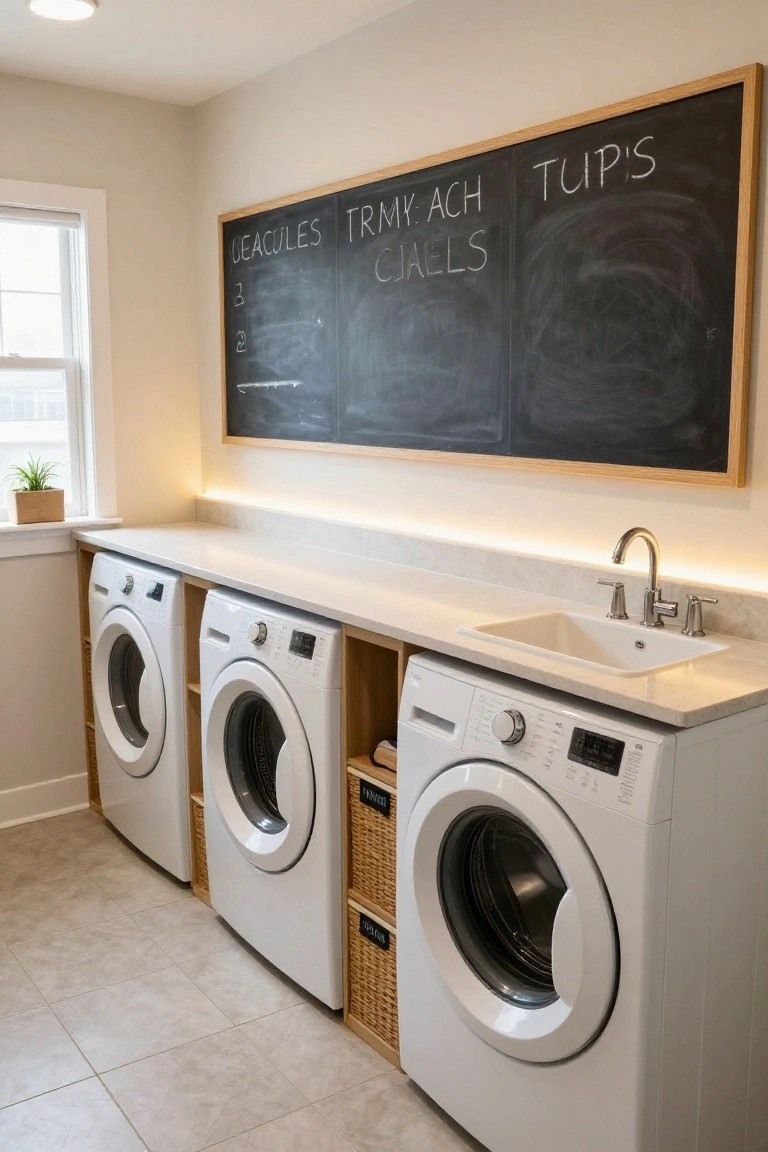 A basement laundry room with three white front-loading washers built into wooden cabinets under a light-colored countertop featuring a white sink, flanked by wicker baskets, and a large framed chalkboard wall above labeled with family names.