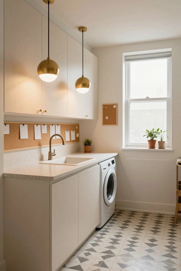 White cabinet laundry room featuring a utility sink, front-loading washer, gold globe pendant lights, cork board strip with pinned notes above the sink, patterned tile floor, and potted plants on a windowsill.
