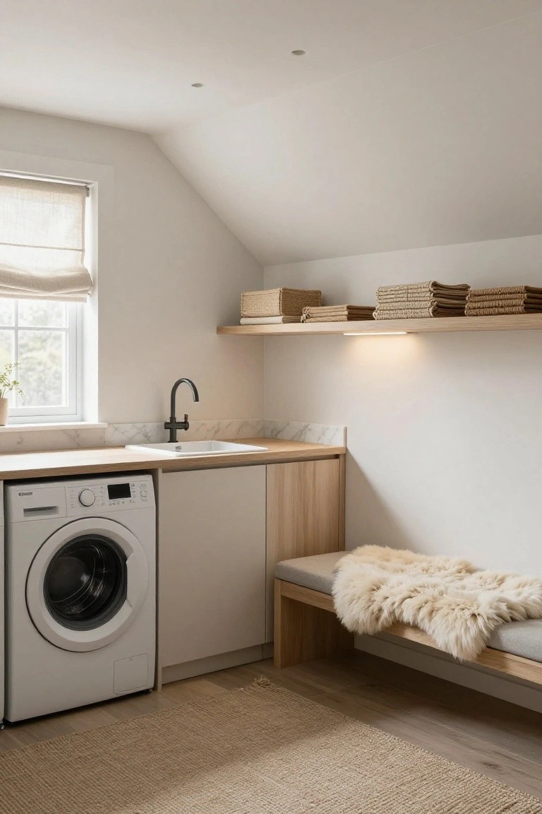 Laundry room featuring a white front-load washer, wood cabinets, sink with black faucet, open wood shelves with folded towels, built-in wood bench with cream sheepskin throw, seagrass rug, and sloped white ceiling with window.
