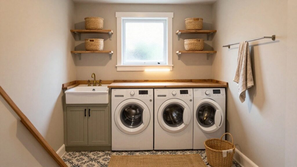 Basement laundry room with white front-loading washer, wooden countertop holding a white utility sink and gold brass faucet, sage green cabinets below, wooden shelves with wicker baskets above, hanging beige towel on a bar, and wooden stairs nearby.