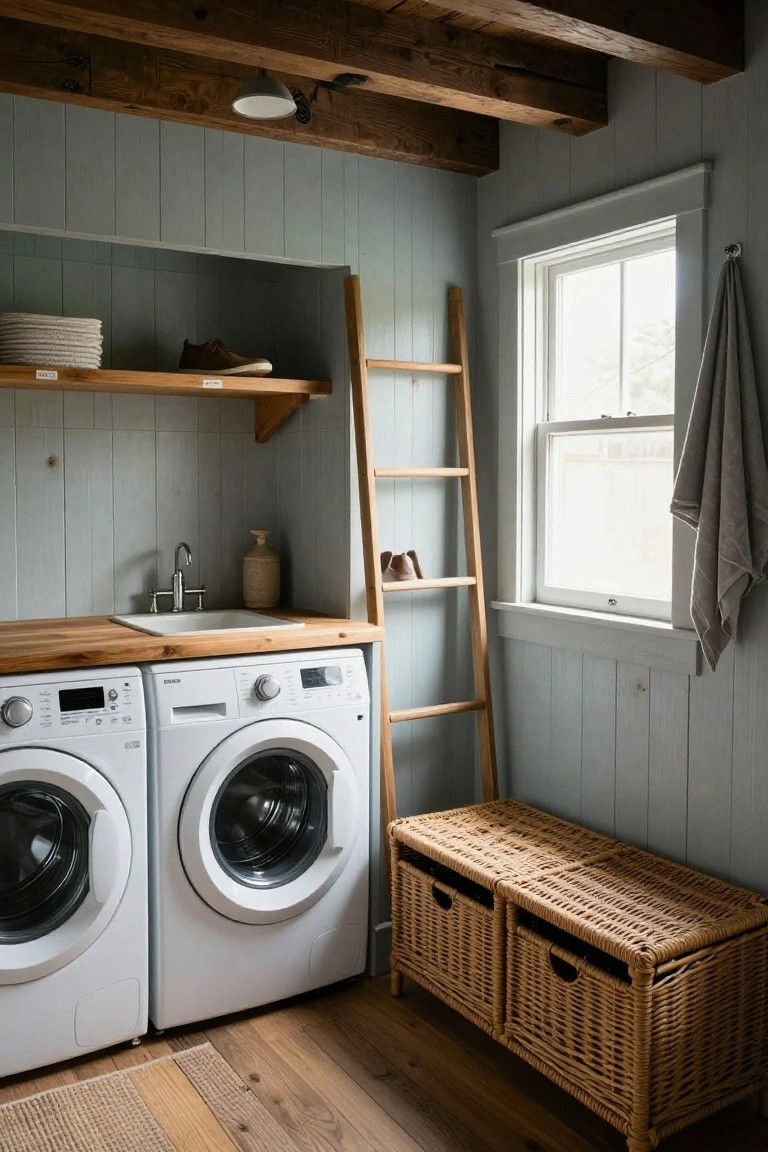 Light blue shiplap-walled laundry room with exposed wood beams, two white front-load washers and dryer, wooden ladder shelf holding towels and shoes, butcher block sink counter, wicker storage bench, and hardwood floor.