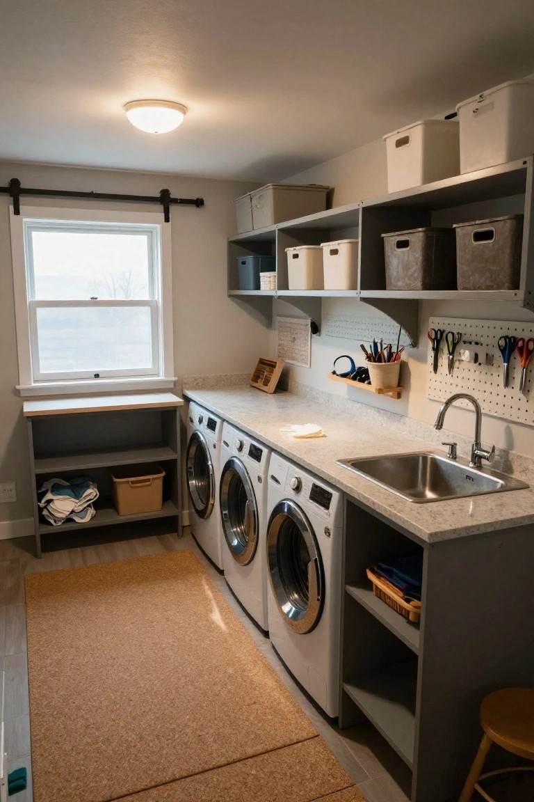 Basement laundry room with white washer and dryer units, gray cabinets, quartz countertop with stainless sink, open shelves holding bins, pegboard wall with hanging tools and scissors, wooden stool, and seagrass floor rug.