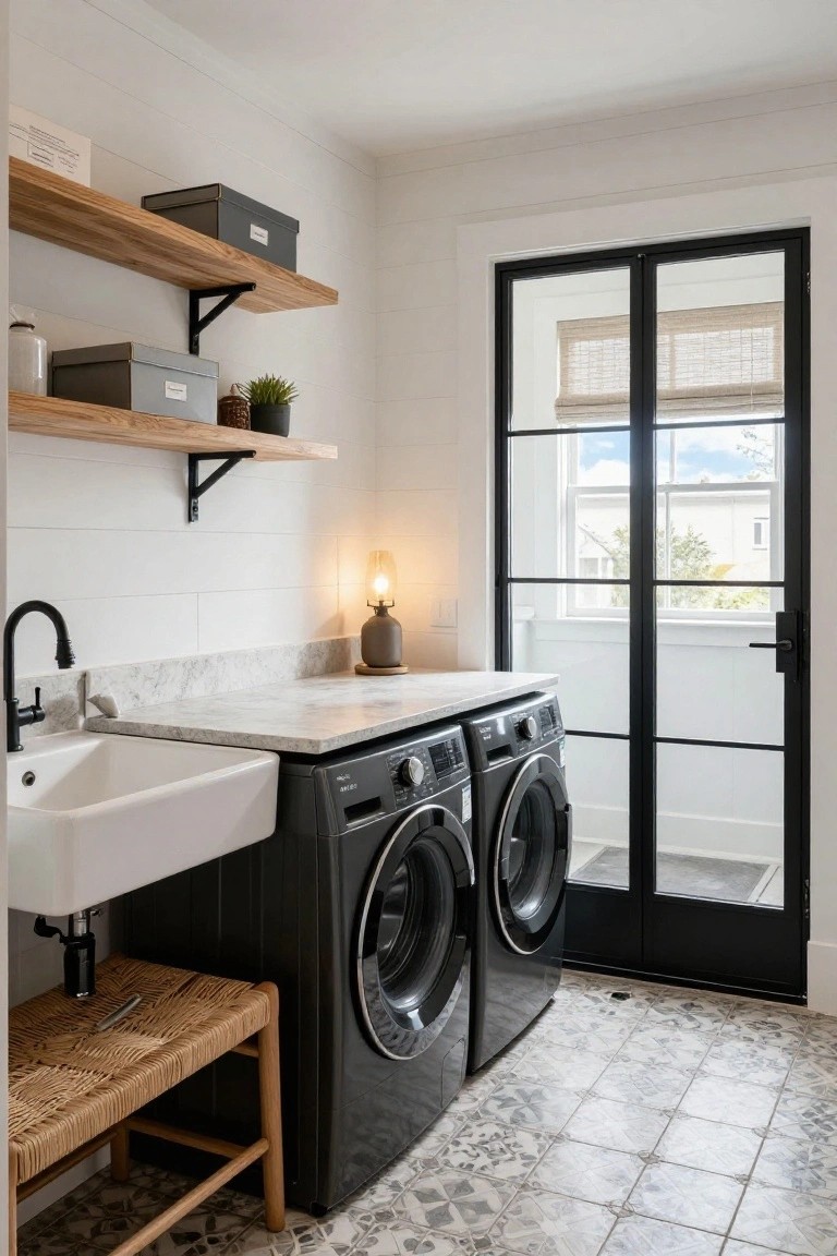 White laundry room with black front-load washer and dryer, white farmhouse sink on marble countertop, floating oak shelves holding gray bins and plants, black metal-framed glass French doors to outdoors, shiplap walls, rattan stool, and gray patterned tile floor.