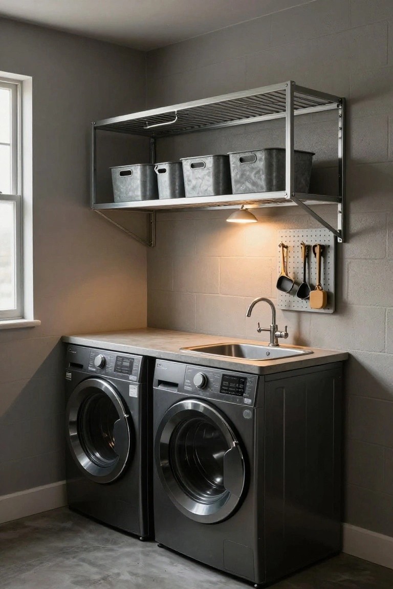 Basement laundry room with two black front-loading washers under a gray countertop sink, wall-mounted stainless steel shelves holding four galvanized metal bins, a pegboard wall with scoops and utensils, warm overhead light, light gray brick walls, and concrete floor.