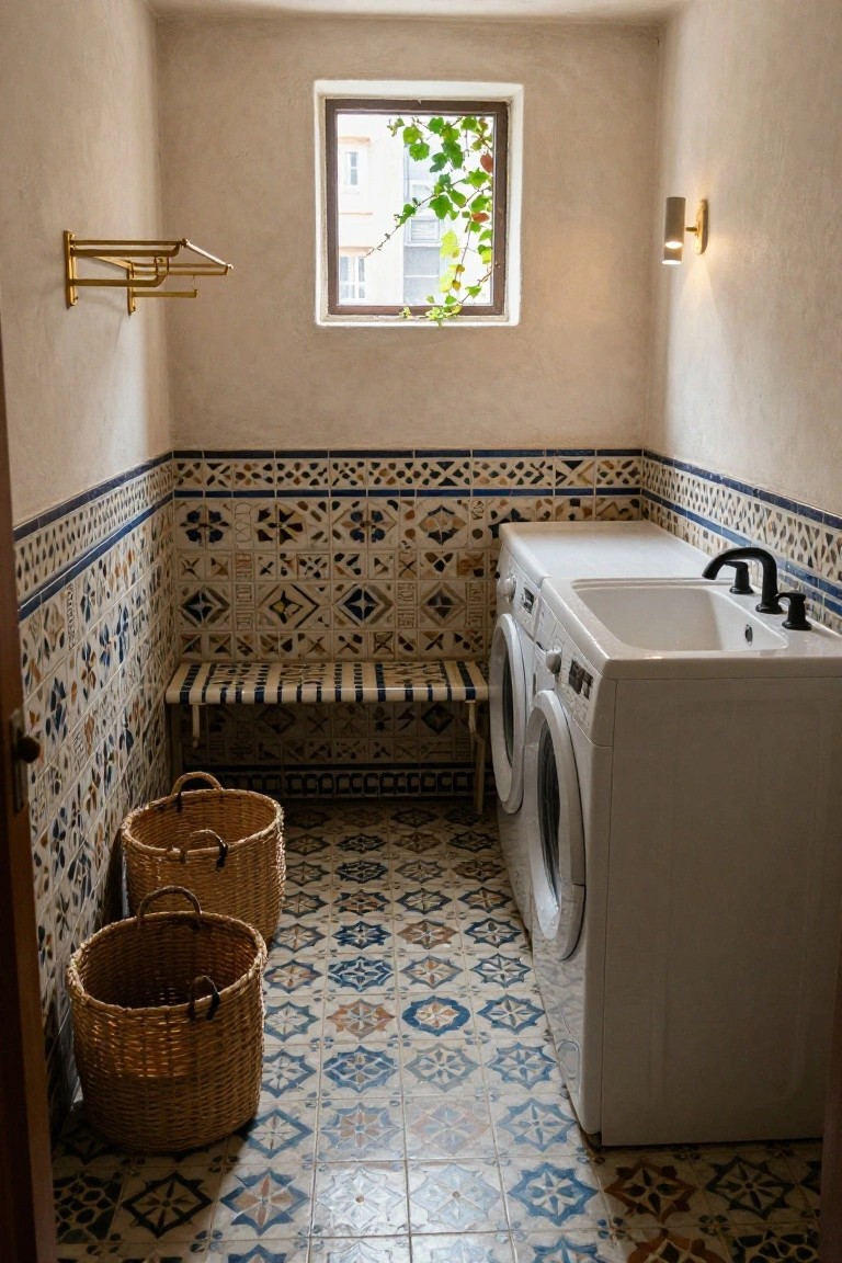 Narrow laundry room with blue, white, and beige geometric patterned tiles on lower walls and floor, white washer-dryer unit topped with utility sink, cushioned bench seat, two wicker baskets, gold towel rack, wall light, and small window with ivy plant.