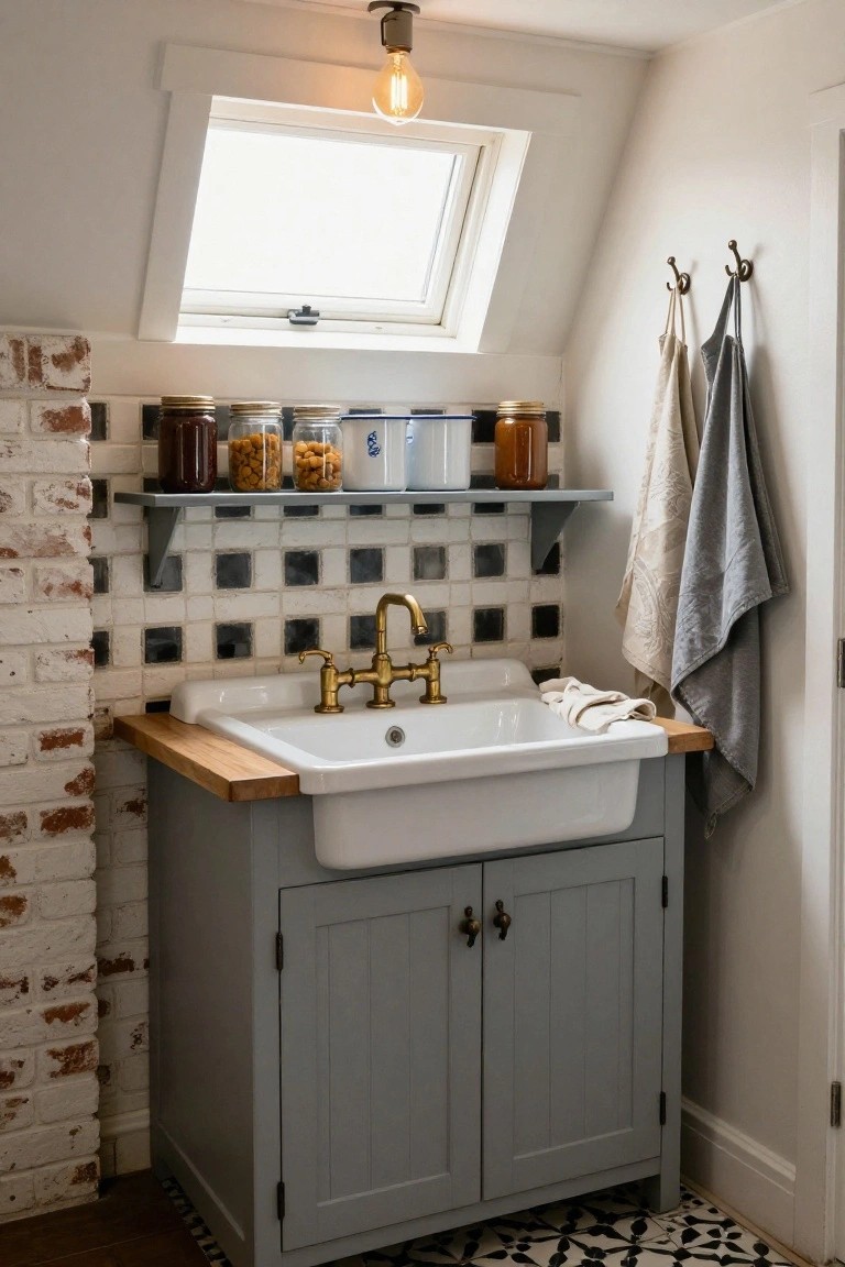 Small indoor laundry area with white farmhouse sink on wooden countertop in gray cabinet, open wooden shelves stocked with glass jars above, exposed brick wall, black and white checkered tile backsplash, hanging towels, and sloped ceiling with skylight.