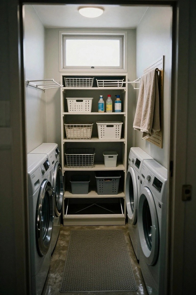 Narrow indoor laundry room with white front-loading washers and dryers side by side, open white shelving stocked with wire baskets and bins on one wall, hanging towels, and bottles of detergent on shelves.