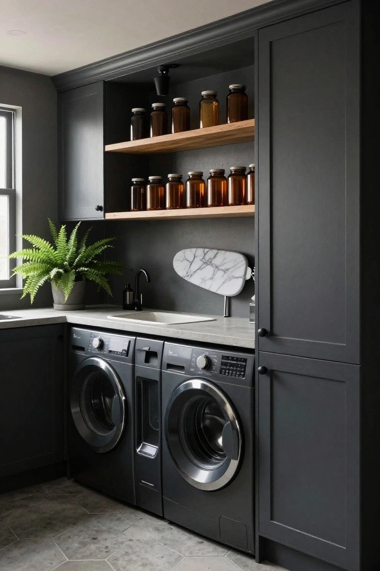 Modern basement laundry room with tall dark gray cabinets flanking side-by-side washer and dryer, open wood shelves above holding amber glass jars, utility sink with faucet, potted fern plant, and wall-mounted white marble ironing board.