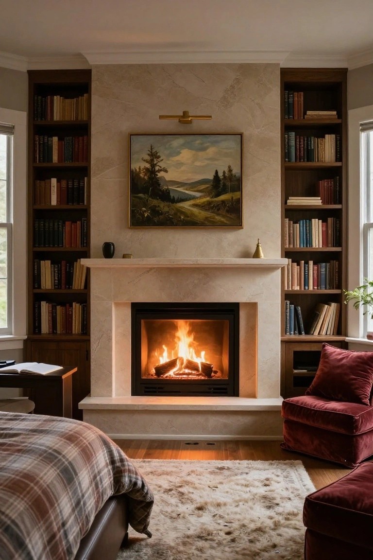 Bedroom interior showing a lit fireplace with marble surround centered between tall wooden bookshelves filled with books, a landscape painting above, velvet armchairs, and a bed in the corner.