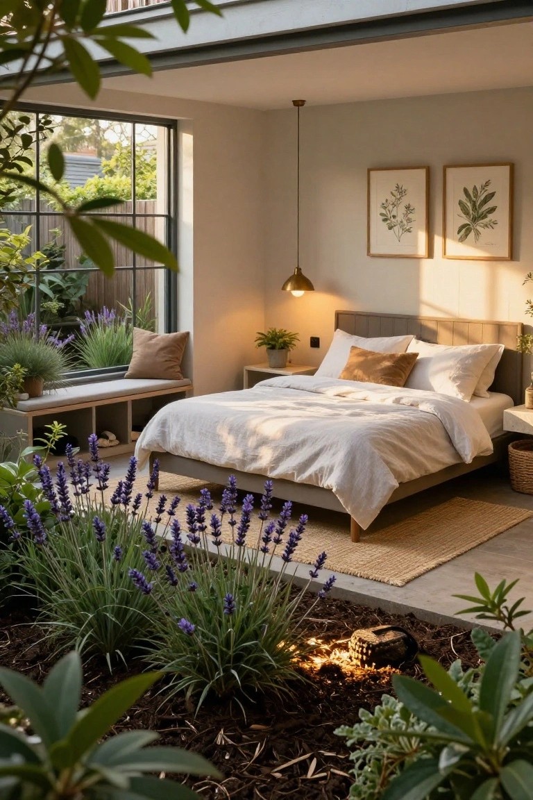 A bedroom with a low platform bed covered in white linens, a built-in window bench, botanical prints on beige walls, and large windows opening to a garden of lavender plants, grasses, and potted greenery.