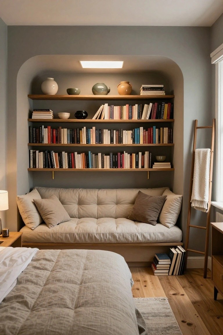 Bedroom corner featuring an arched recess with wooden floating shelves holding books, ceramics, and bowls, a low beige tufted daybed below it, a nearby bed with white linens, wood floors, and a ladder nearby.