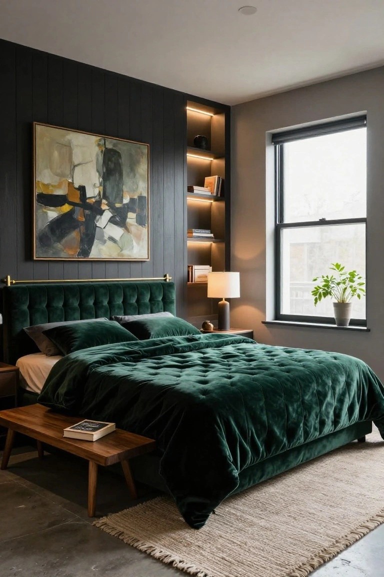 Modern bedroom with emerald green velvet tufted headboard and bedding, brass rail above bed, dark wood paneled accent wall with built-in lit shelves, large window with potted plant, wooden nightstand and bench, seagrass rug on concrete floor.