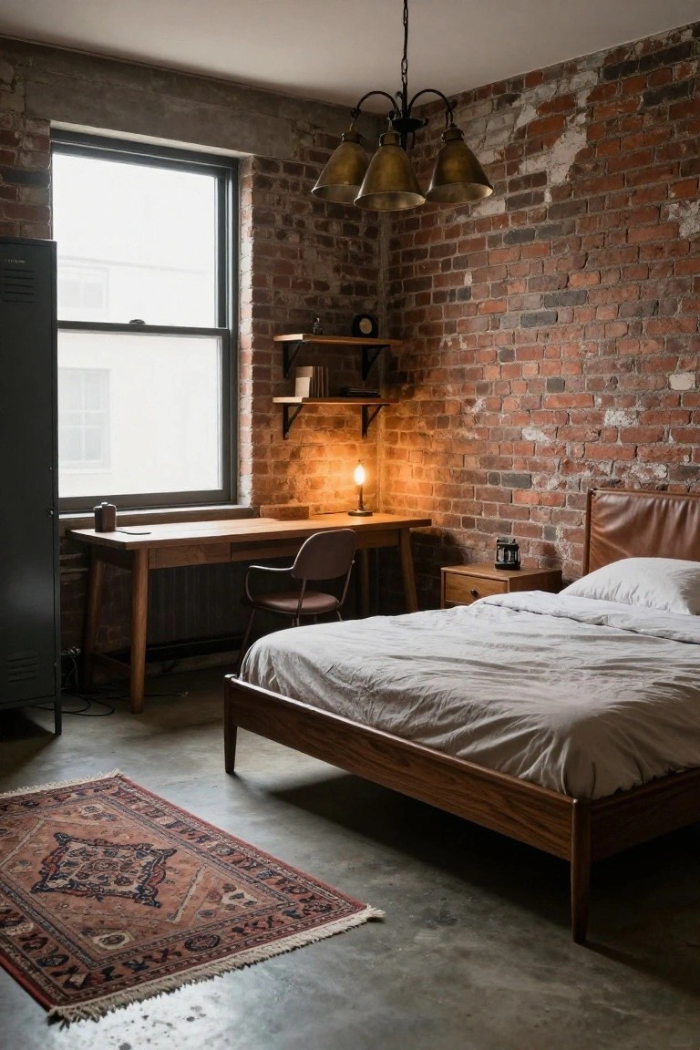 Bedroom interior with exposed red brick walls, wooden bed with white sheets, wooden desk and chair, metal pendant lights, green metal cabinet, and polished concrete floor.