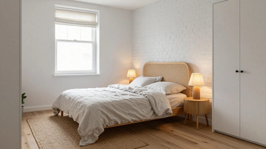 18 Elegant Cozy Basement Bedroom Ideas For A Calm Retreat Bedroom with beige rattan headboard on wooden bed frame, white linen sheets and pillows, matching wood nightstands with tapered lamps, white brick walls, light wood floors, seagrass rug, and potted plant by window.