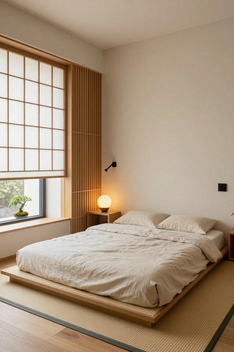 A minimalist bedroom with a low wooden platform bed draped in white linens on beige tatami mats, next to wooden slat screens and a shoji window containing a bonsai plant.