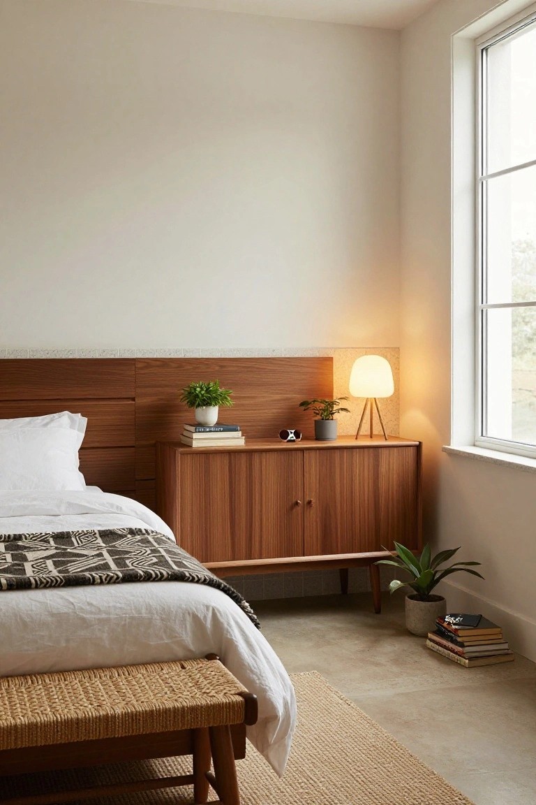 Corner bedroom with brown slatted wood headboard behind white bed topped with black patterned throw, matching wooden credenza nightstand holding lamp books plants and sunglasses, rattan bench at bed end, potted plants, near window with beige rug on concrete floor.