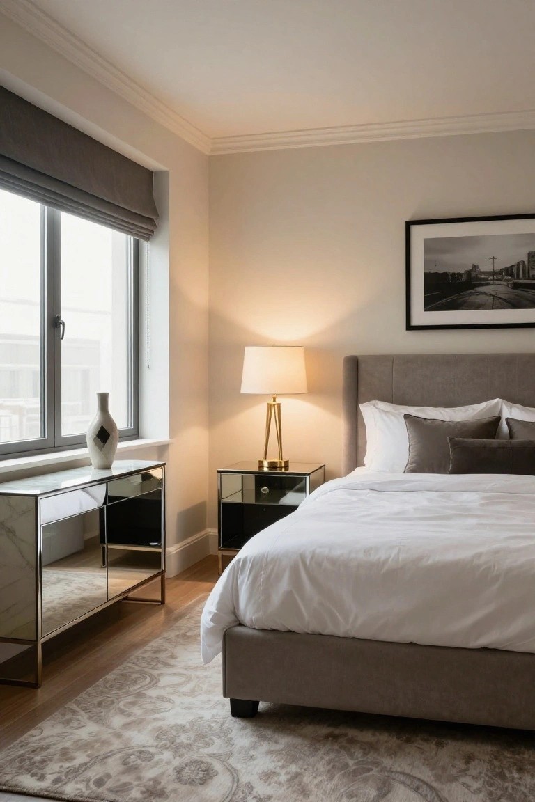 Bedroom corner with gray upholstered bed, white bedding, glass-topped mirrored nightstands, brass lamp, tall vase, and large window with gray blinds.