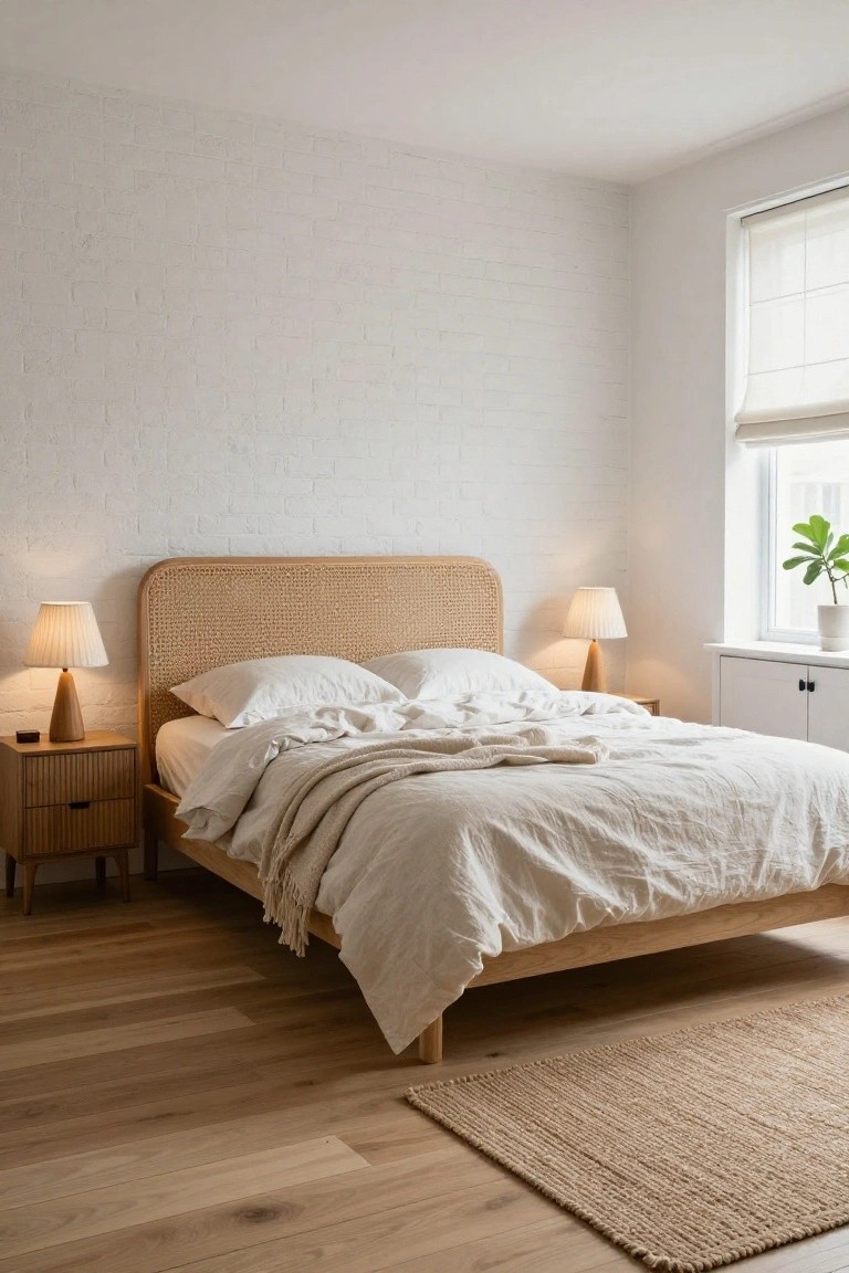 Bedroom with beige rattan headboard on wooden bed frame, white linen sheets and pillows, matching wood nightstands with tapered lamps, white brick walls, light wood floors, seagrass rug, and potted plant by window.