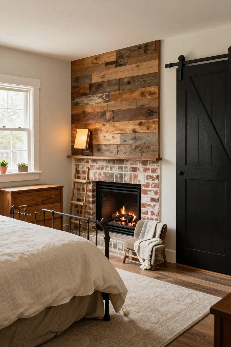 Bedroom with a lit gas fireplace surrounded by a horizontal reclaimed wood plank accent wall on brick hearth, iron bed, wooden dresser, ladder shelf, chair with blanket, and black sliding barn door.
